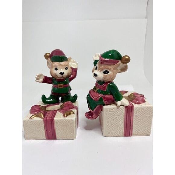 Omnibus Fitz & Floyd Christmas Mouse / Elf Candle Holder Pair 5.25" #2052/103 - Picture 1 of 10
